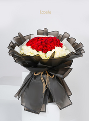 Red & White Roses Bouquet – Black Organza Wrap