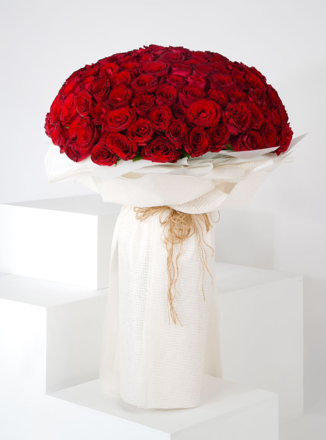 250 Red Roses Hand Bouquet – White Wrap